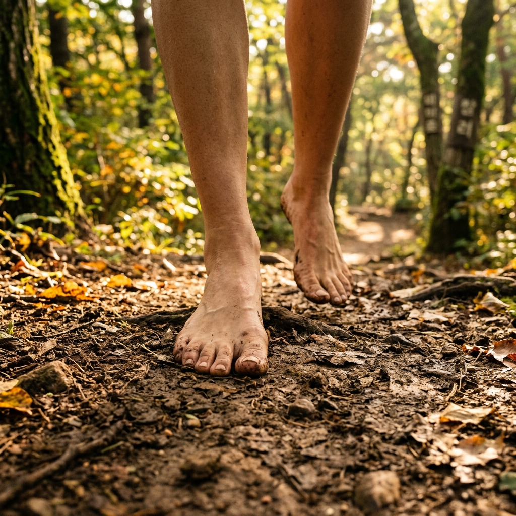 Barefoot walking on earth path